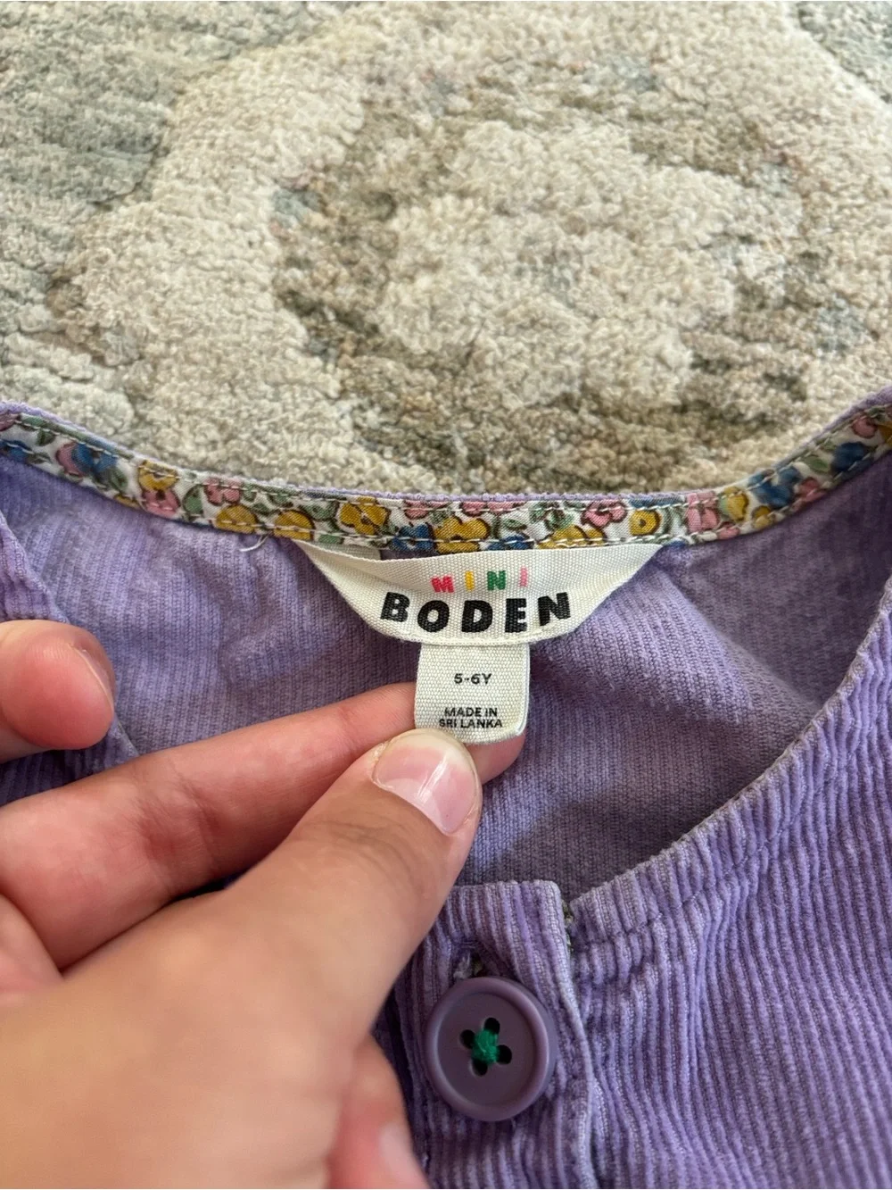 Mini Boden Girls Purple Corduroy Pinafore Jumper Dress Floral Trim Size 5-6Y